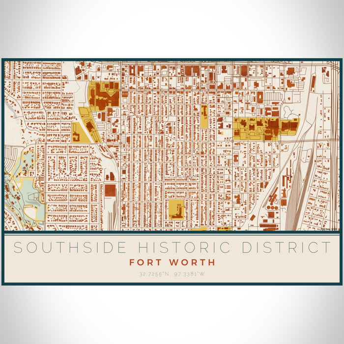 Southside Historic District Fort Worth Map Print Landscape Orientation in Woodblock Style With Shaded Background