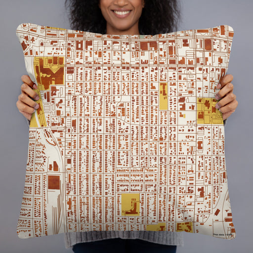 Person holding 22x22 Custom Southside Historic District Fort Worth Map Throw Pillow in Woodblock