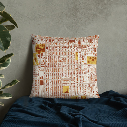 Custom Southside Historic District Fort Worth Map Throw Pillow in Woodblock on Bedding Against Wall