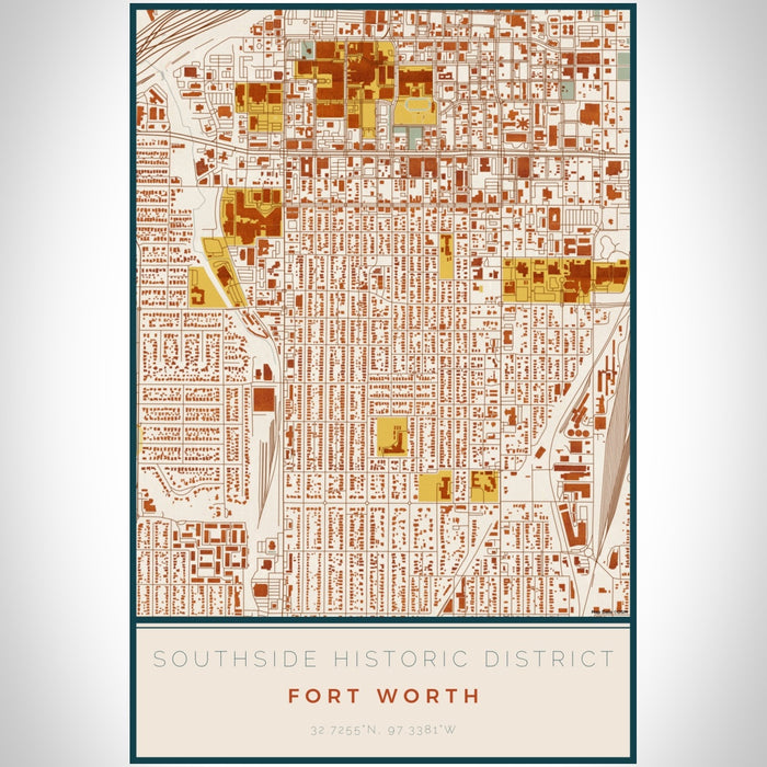 Southside Historic District Fort Worth Map Print Portrait Orientation in Woodblock Style With Shaded Background