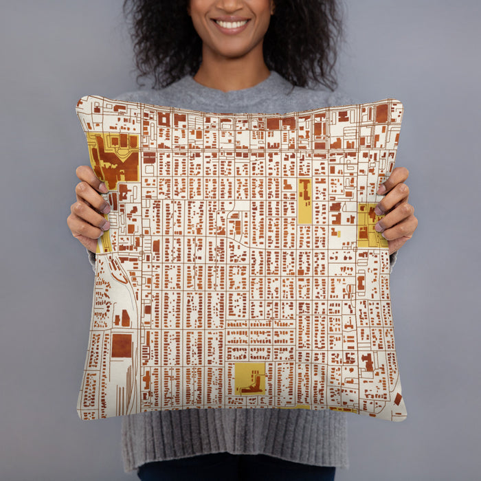 Person holding 18x18 Custom Southside Historic District Fort Worth Map Throw Pillow in Woodblock