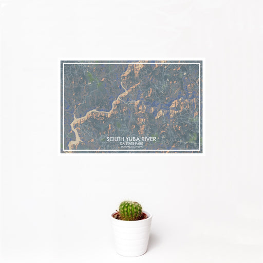 12x18 South Yuba River CA State Park Map Print Landscape Orientation in Afternoon Style With Small Cactus Plant in White Planter