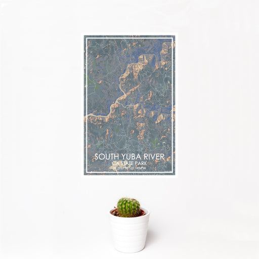 12x18 South Yuba River CA State Park Map Print Portrait Orientation in Afternoon Style With Small Cactus Plant in White Planter