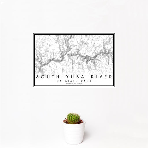 12x18 South Yuba River CA State Park Map Print Landscape Orientation in Classic Style With Small Cactus Plant in White Planter