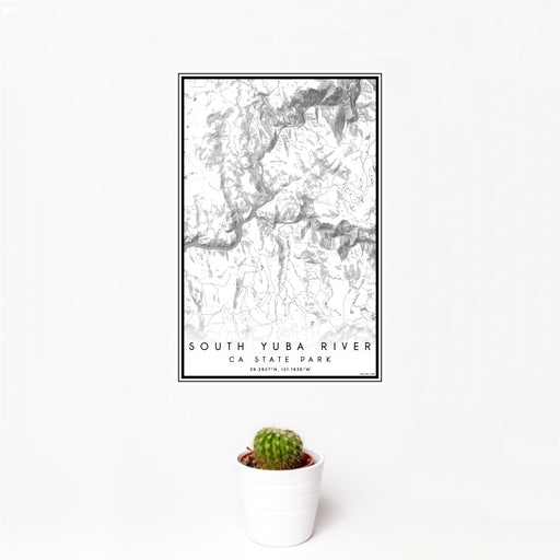 12x18 South Yuba River CA State Park Map Print Portrait Orientation in Classic Style With Small Cactus Plant in White Planter