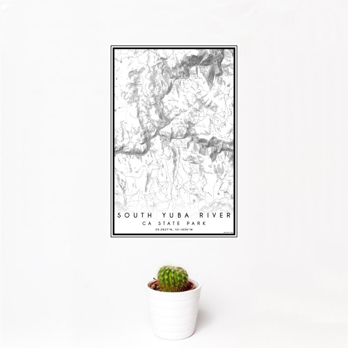 12x18 South Yuba River CA State Park Map Print Portrait Orientation in Classic Style With Small Cactus Plant in White Planter