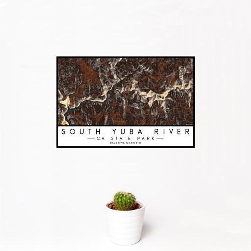 12x18 South Yuba River CA State Park Map Print Landscape Orientation in Ember Style With Small Cactus Plant in White Planter