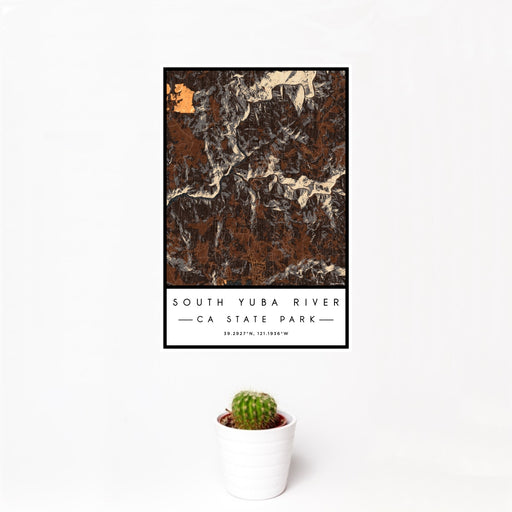 12x18 South Yuba River CA State Park Map Print Portrait Orientation in Ember Style With Small Cactus Plant in White Planter
