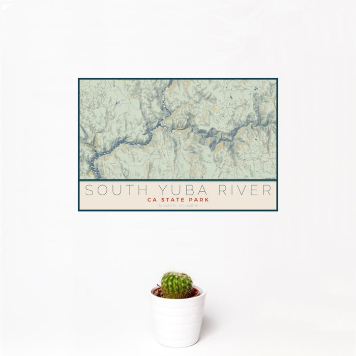 12x18 South Yuba River CA State Park Map Print Landscape Orientation in Woodblock Style With Small Cactus Plant in White Planter