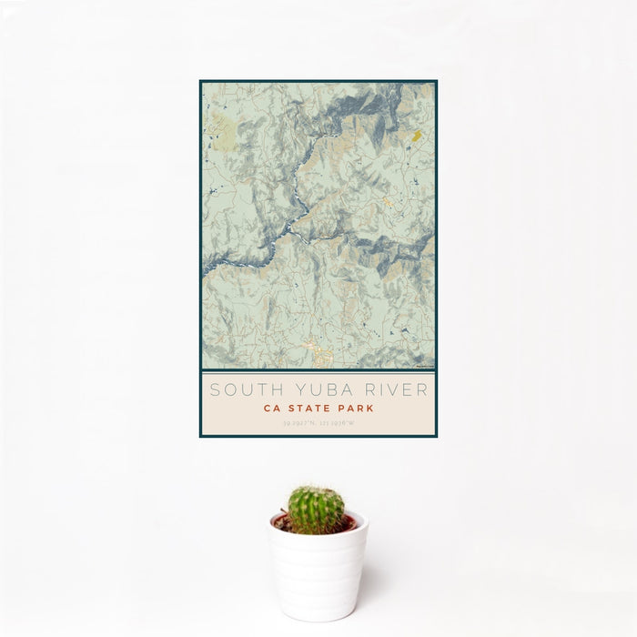 12x18 South Yuba River CA State Park Map Print Portrait Orientation in Woodblock Style With Small Cactus Plant in White Planter