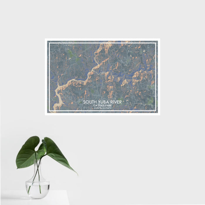 16x24 South Yuba River CA State Park Map Print Landscape Orientation in Afternoon Style With Tropical Plant Leaves in Water