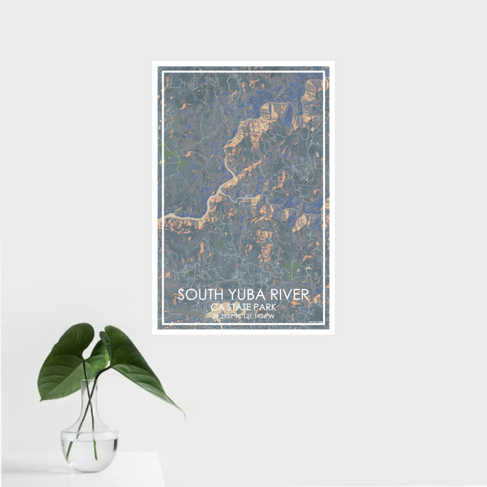 16x24 South Yuba River CA State Park Map Print Portrait Orientation in Afternoon Style With Tropical Plant Leaves in Water