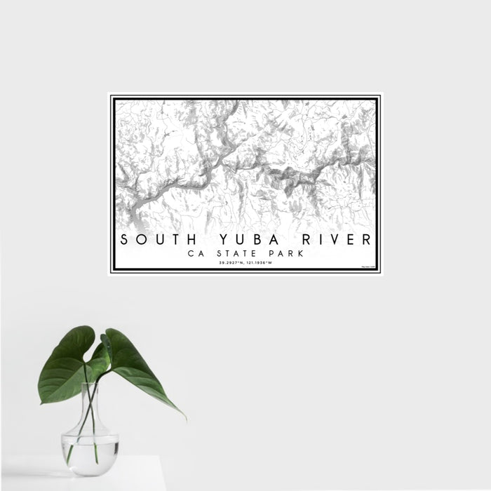 16x24 South Yuba River CA State Park Map Print Landscape Orientation in Classic Style With Tropical Plant Leaves in Water