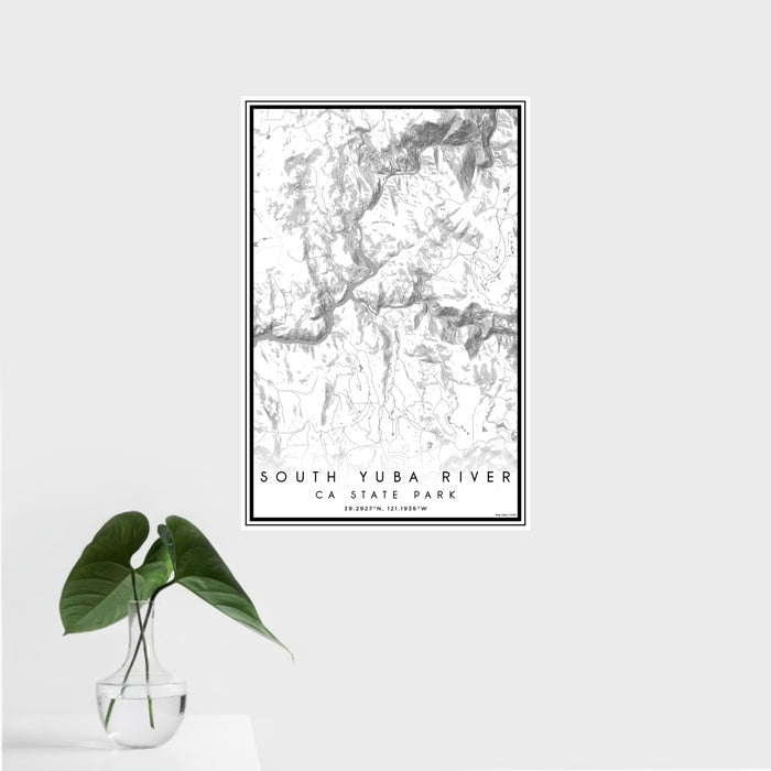 16x24 South Yuba River CA State Park Map Print Portrait Orientation in Classic Style With Tropical Plant Leaves in Water