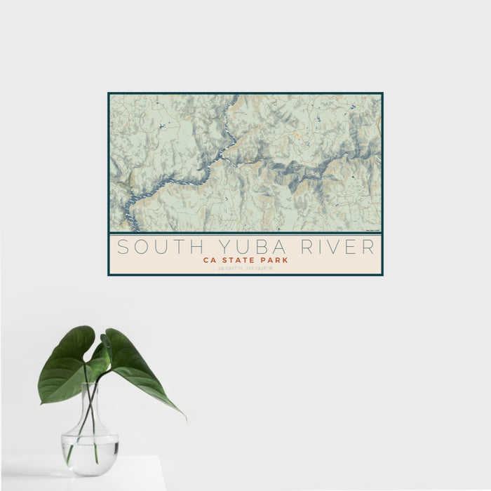 16x24 South Yuba River CA State Park Map Print Landscape Orientation in Woodblock Style With Tropical Plant Leaves in Water