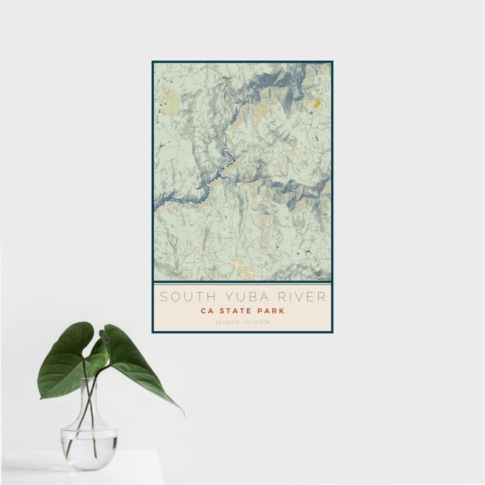 16x24 South Yuba River CA State Park Map Print Portrait Orientation in Woodblock Style With Tropical Plant Leaves in Water