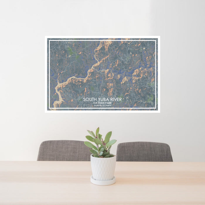24x36 South Yuba River CA State Park Map Print Lanscape Orientation in Afternoon Style Behind 2 Chairs Table and Potted Plant