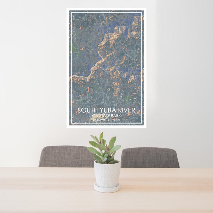 24x36 South Yuba River CA State Park Map Print Portrait Orientation in Afternoon Style Behind 2 Chairs Table and Potted Plant