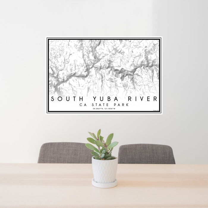 24x36 South Yuba River CA State Park Map Print Lanscape Orientation in Classic Style Behind 2 Chairs Table and Potted Plant