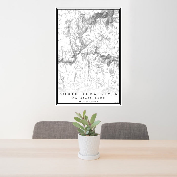 24x36 South Yuba River CA State Park Map Print Portrait Orientation in Classic Style Behind 2 Chairs Table and Potted Plant