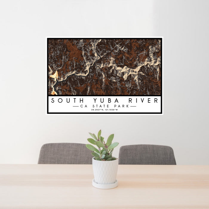 24x36 South Yuba River CA State Park Map Print Lanscape Orientation in Ember Style Behind 2 Chairs Table and Potted Plant