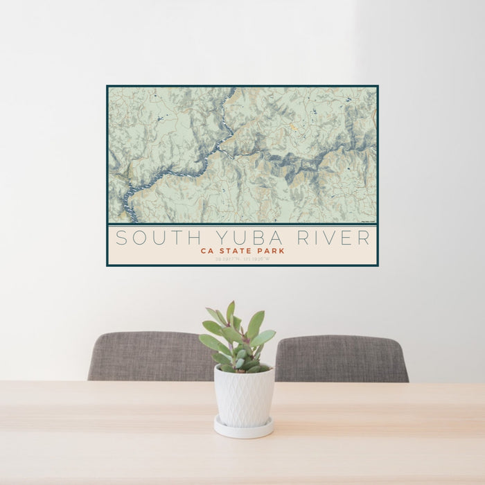 24x36 South Yuba River CA State Park Map Print Lanscape Orientation in Woodblock Style Behind 2 Chairs Table and Potted Plant