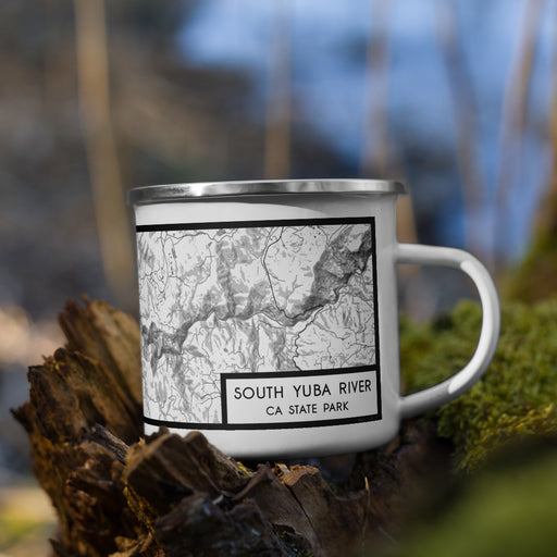 Right View Custom South Yuba River CA State Park Map Enamel Mug in Classic on Grass With Trees in Background
