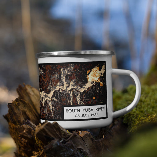 Right View Custom South Yuba River CA State Park Map Enamel Mug in Ember on Grass With Trees in Background