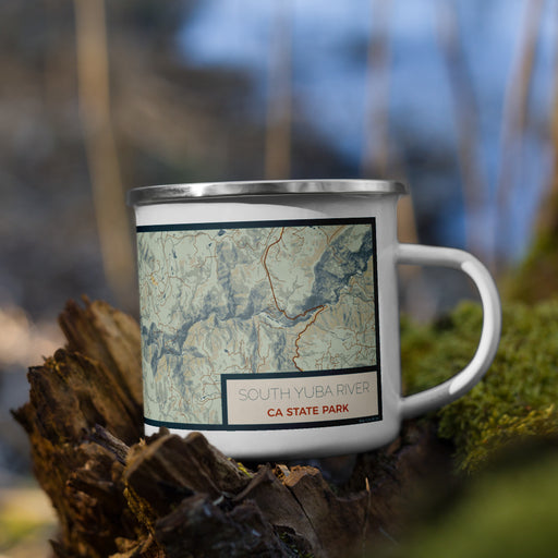 Right View Custom South Yuba River CA State Park Map Enamel Mug in Woodblock on Grass With Trees in Background