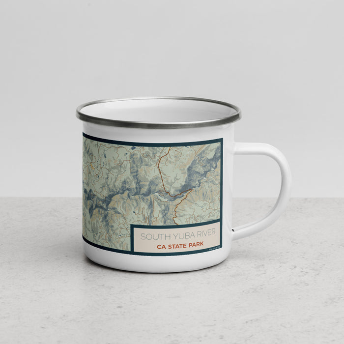 Right View Custom South Yuba River CA State Park Map Enamel Mug in Woodblock