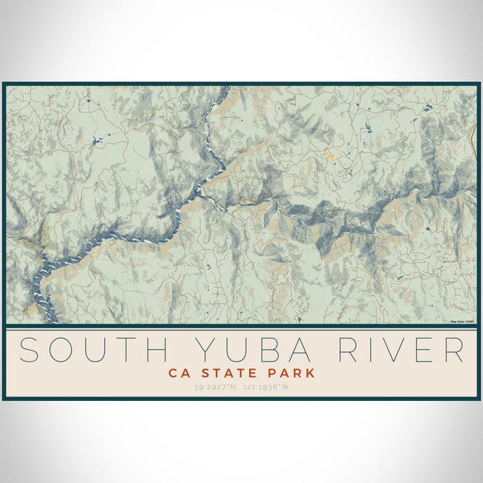 South Yuba River CA State Park Map Print Landscape Orientation in Woodblock Style With Shaded Background
