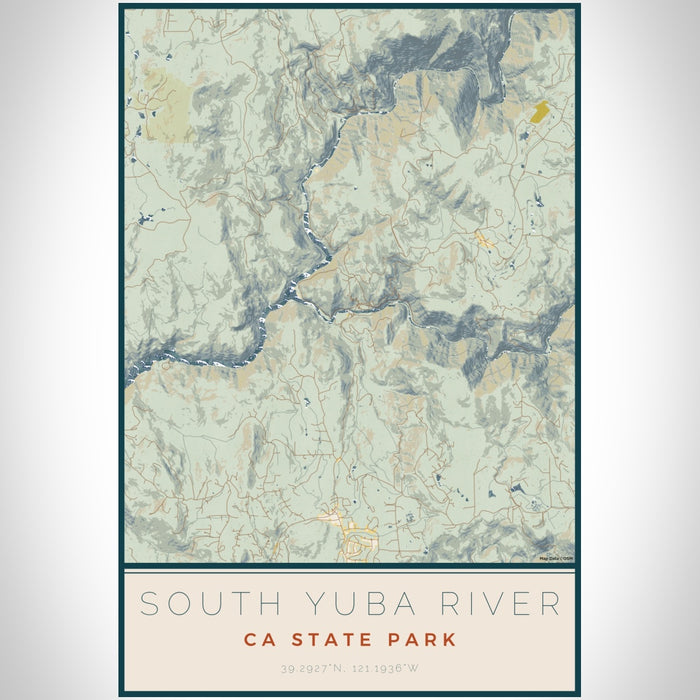 South Yuba River CA State Park Map Print Portrait Orientation in Woodblock Style With Shaded Background