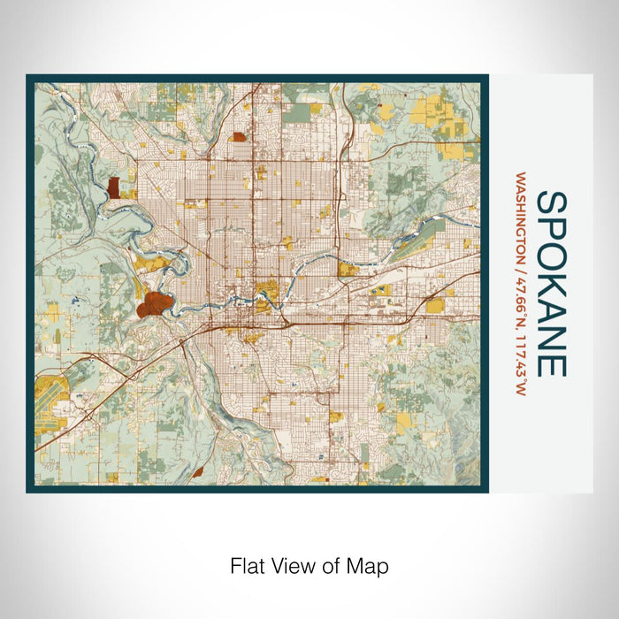 Rendered View of Spokane Washington Map on 20oz Stainless Steel Insulated Bottle with Bamboo Top with printed woodblock style map