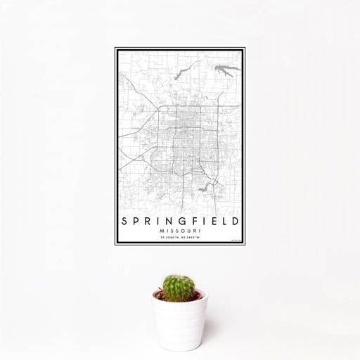 12x18 Springfield Missouri Map Print Portrait Orientation in Classic Style With Small Cactus Plant in White Planter