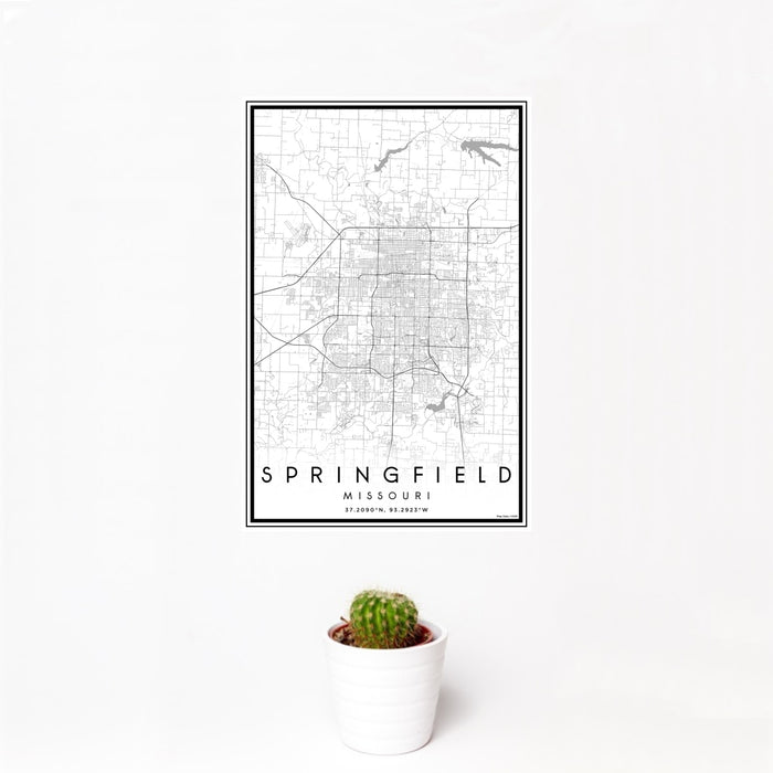 12x18 Springfield Missouri Map Print Portrait Orientation in Classic Style With Small Cactus Plant in White Planter