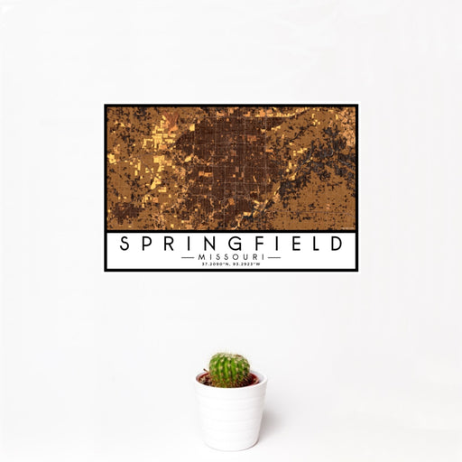 12x18 Springfield Missouri Map Print Landscape Orientation in Ember Style With Small Cactus Plant in White Planter