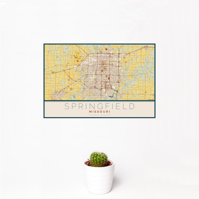 12x18 Springfield Missouri Map Print Landscape Orientation in Woodblock Style With Small Cactus Plant in White Planter