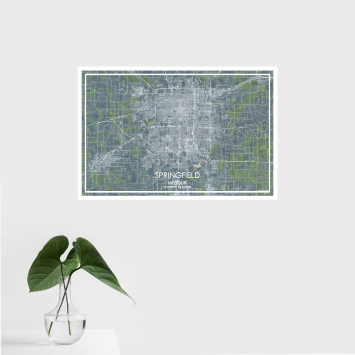 16x24 Springfield Missouri Map Print Landscape Orientation in Afternoon Style With Tropical Plant Leaves in Water