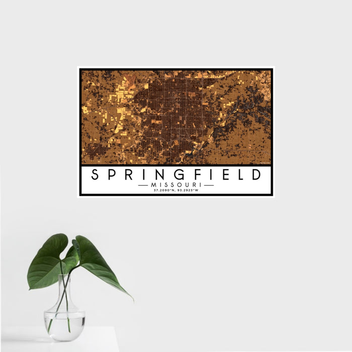 16x24 Springfield Missouri Map Print Landscape Orientation in Ember Style With Tropical Plant Leaves in Water