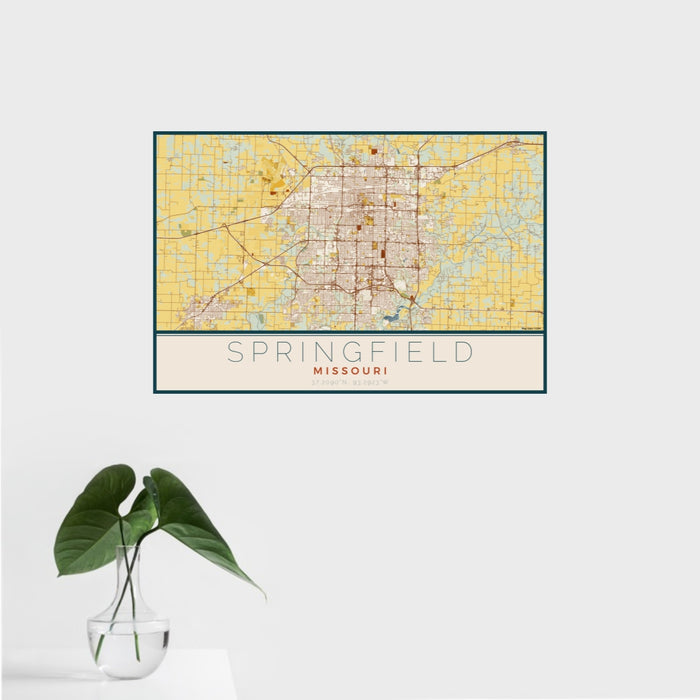 16x24 Springfield Missouri Map Print Landscape Orientation in Woodblock Style With Tropical Plant Leaves in Water