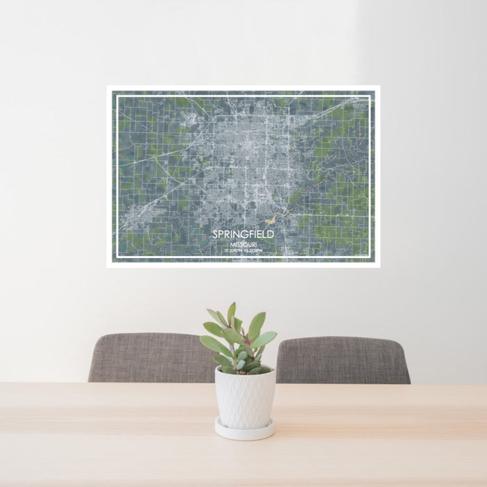 24x36 Springfield Missouri Map Print Lanscape Orientation in Afternoon Style Behind 2 Chairs Table and Potted Plant