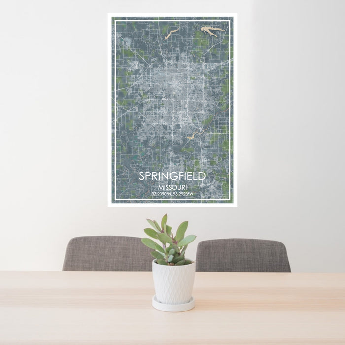 24x36 Springfield Missouri Map Print Portrait Orientation in Afternoon Style Behind 2 Chairs Table and Potted Plant