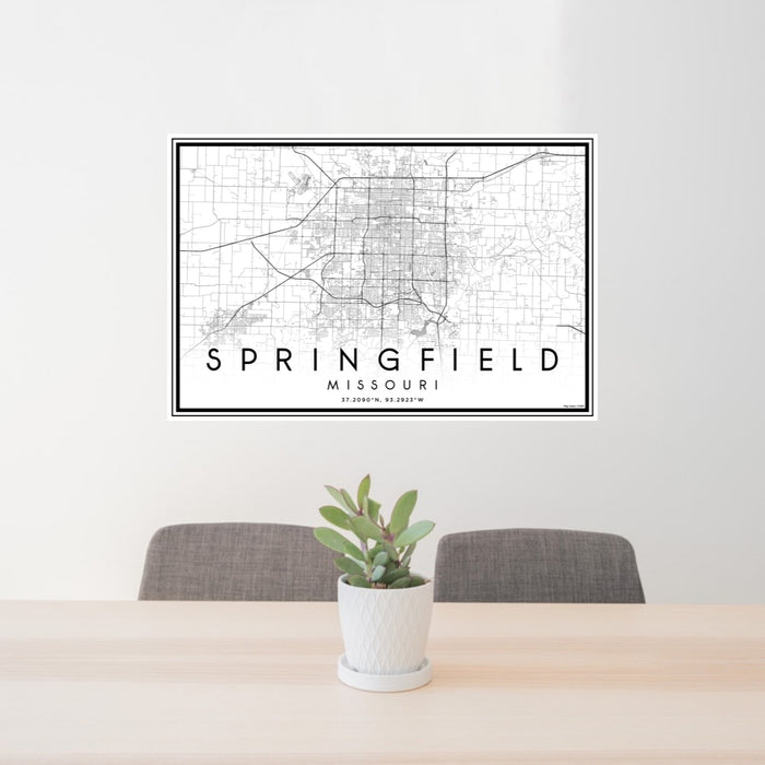 24x36 Springfield Missouri Map Print Lanscape Orientation in Classic Style Behind 2 Chairs Table and Potted Plant