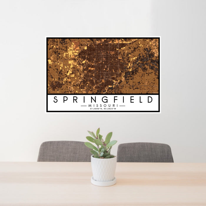 24x36 Springfield Missouri Map Print Lanscape Orientation in Ember Style Behind 2 Chairs Table and Potted Plant