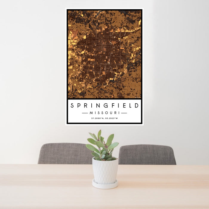 24x36 Springfield Missouri Map Print Portrait Orientation in Ember Style Behind 2 Chairs Table and Potted Plant