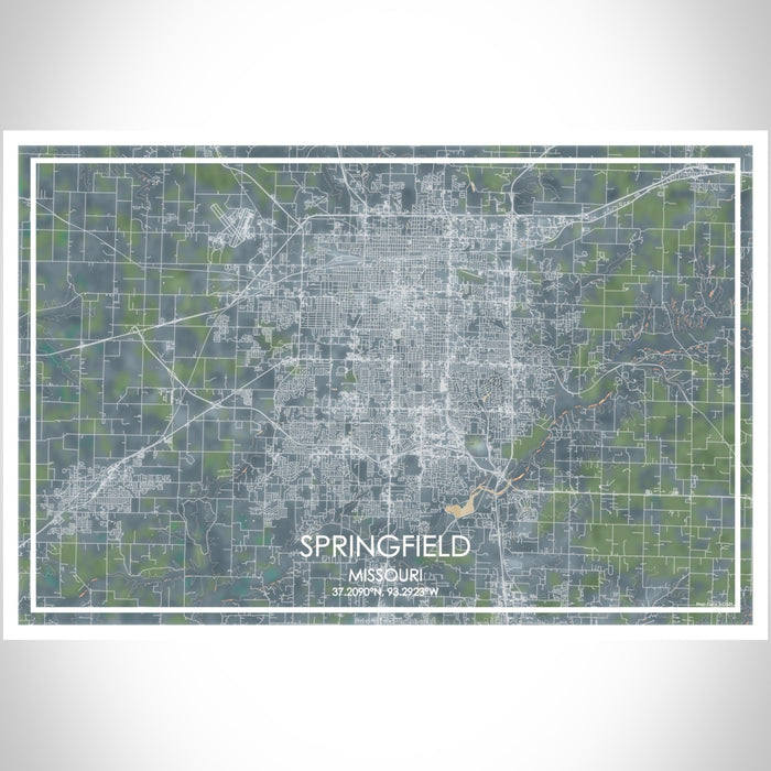 Springfield Missouri Map Print Landscape Orientation in Afternoon Style With Shaded Background