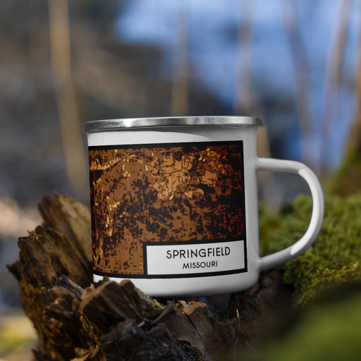 Right View Custom Springfield Missouri Map Enamel Mug in Ember on Grass With Trees in Background