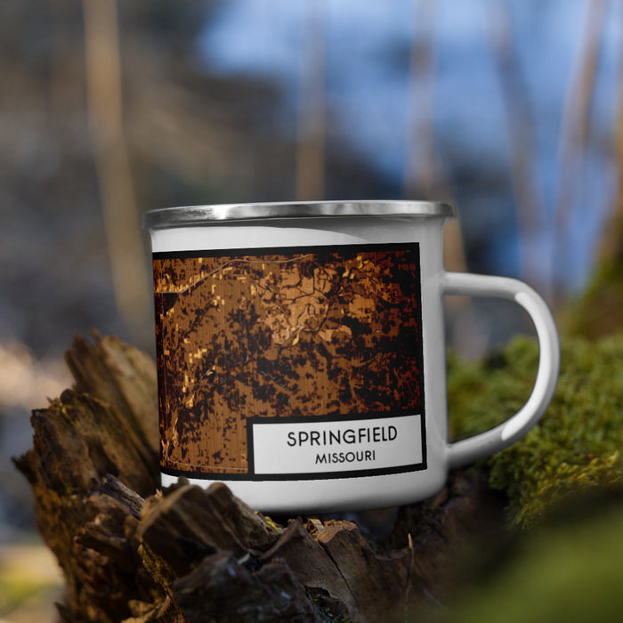 Right View Custom Springfield Missouri Map Enamel Mug in Ember on Grass With Trees in Background