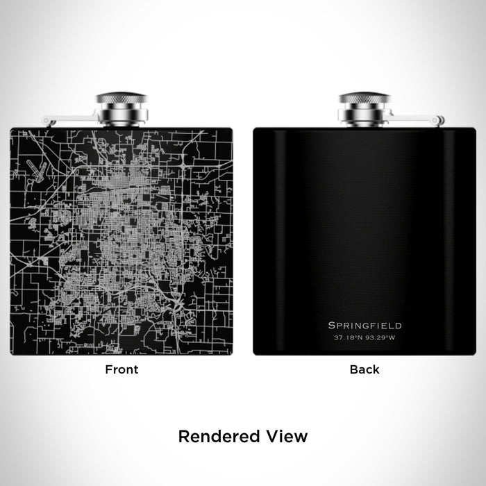 Rendered View of Springfield Missouri Map Engraving on 6oz Stainless Steel Flask in Black