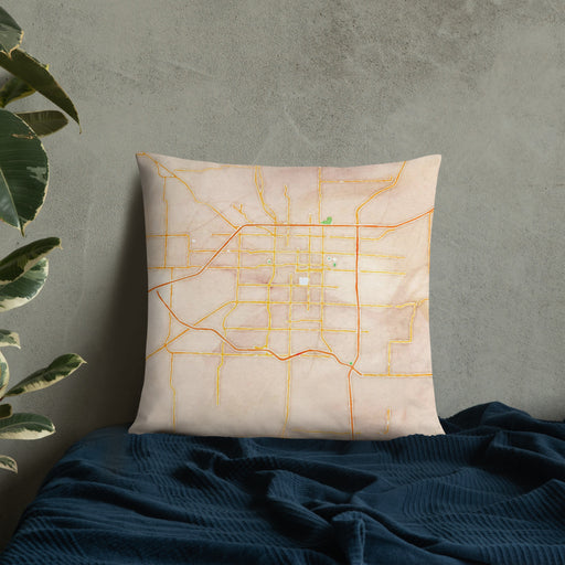 Custom Springfield Missouri Map Throw Pillow in Watercolor on Bedding Against Wall